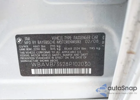 2008 BMW 335I z USA, uszkodzony, nr VIN WBAVB73528P102030